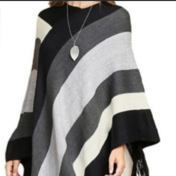 Riah Fashions Sweaters - COLORBLOCK FRINGE KNIT PONCHO RIAH FASHIONS